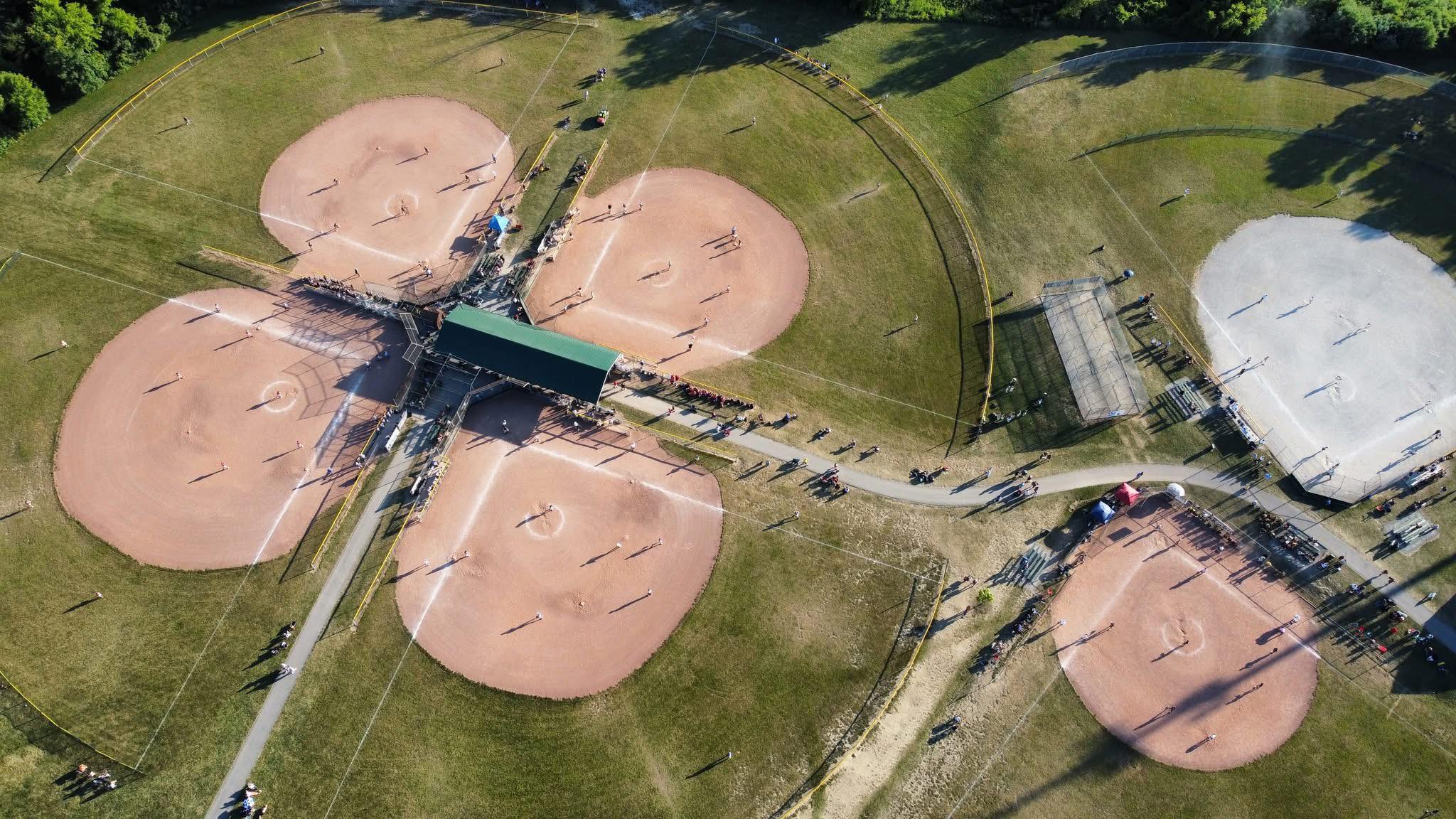 birds-eye-view of baseball/softball fields at Creasey Bicentennial Park (Fields 1-6)